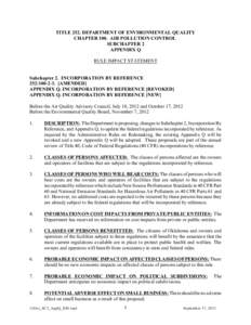 TITLE 252. DEPARTMENT OF ENVIRONMENTAL QUALITY CHAPTER 100. AIR POLLUTION CONTROL SUBCHAPTER 2 APPENDIX Q RULE IMPACT STATEMENT