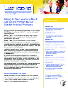 Official CMS Industry Resources for the ICD-10 Transition  www.cms.gov/ICD10 Talking to Your Vendors About ICD-10 and Version 5010: