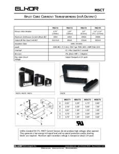 MSCT SPLIT CORE CURRENT TRANSFORMERS (mA OUTPUT) Primary Wire Window Maximum Continuous Current (Amps AC) Output @ Max Input (mA AC)