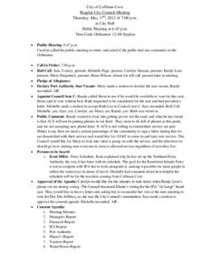 City of Coffman Cove Regular City Council Meeting Thursday, May 17th, 2012 @ 7:00 p.m. at City Hall Public Hearing at 6:45 p.m. Non-Code Ordinance[removed]Surplus