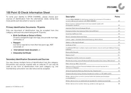 100 Point ID Check Information Sheet To verify your identity to OPEN CHANNEL, please choose your sources of identification from the alternatives listed, noting how many points each document or source is worth.  Primary I