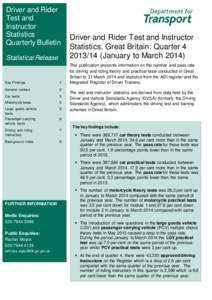 Driver and Rider Test and Instructor Statistics Quarterly Bulletin Statistical Release