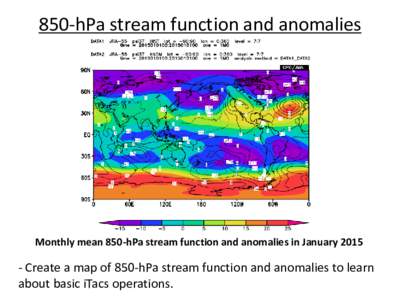 850-hPa stream function and anomalies  Monthly mean 850-hPa stream function and anomalies in JanuaryCreate a map of 850-hPa stream function and anomalies to learn about basic iTacs operations.