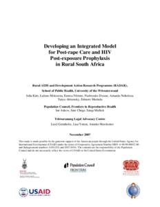 Developing an Integrated Model for Post-rape Care and HIV Post-exposure Prophylaxis in Rural South Africa  Rural AIDS and Development Action Research Programme (RADAR),