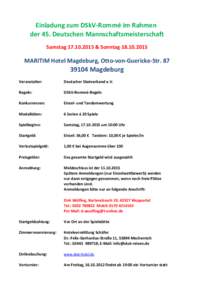 Einladung zum DSkV-Rommé im Rahmen der 45. Deutschen Mannschaftsmeisterschaft Samstag & SonntagMARITIM Hotel Magdeburg, Otto-von-Guericke-Str. 87