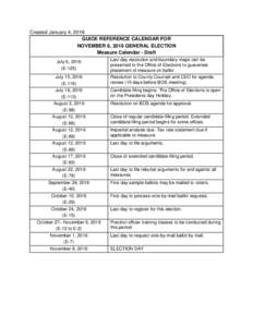 Created January 4, 2016 QUICK REFERENCE CALENDAR FOR NOVEMBER 8, 2016 GENERAL ELECTION Measure Calendar - Draft July 6, 2016 (E-125)