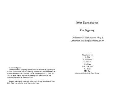 John Duns Scotus On Bigamy Ordinatio IV distinction 33 q. 1