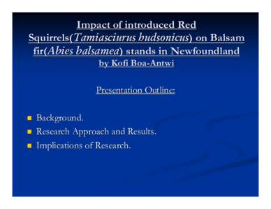 Impact of introduced Red Squirrels(Tamiasciurus hudsonicus) on Balsam fir(Abies balsamea) stands in Newfoundland by Kofi Boa-Antwi Presentation Outline: 