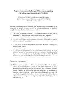 Response to comments by Berry and Schneidman regarding Nirenberg et al., Nature 411:S. Nirenberg, S.M. Carcieri, A.L. Jacobs, and P.E.  Latham