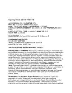 Reporting Period: [removed]TO[removed]ACCESSION NO: [removed]SUBFILE: CRIS PROJ NO: TEXN-0031 AGENCY: NIFA TEXN PROJ TYPE: OTHER GRANTS PROJ STATUS: EXTENDED CONTRACT/GRANT/AGREEMENT NO: [removed]PROPOSAL NO: 20100