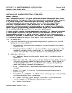 UNIVERSITY OF ALBERTA BAS GUIDE SPECIFICATIONS Building Control System (BCS) Section[removed]Page 1