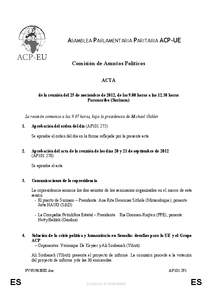 ASAMBLEA PARLAMENTARIA PARITARIA ACP-UE  Comisión de Asuntos Políticos ACTA de la reunión del 25 de noviembre de 2012, de las 9.00 horas a las[removed]horas Paramaribo (Surinam)