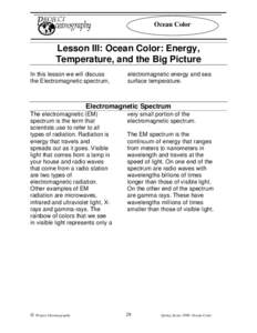 Ocean Color  Lesson III: Ocean Color: Energy, Temperature, and the Big Picture In this lesson we will discuss the Electromagnetic spectrum,