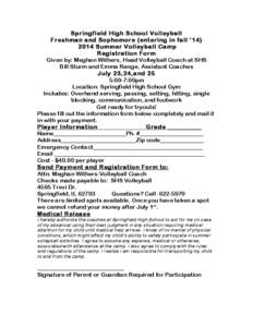 Springfield High School Volleyball Freshman and Sophomore (entering in fall ‘[removed]Summer Volleyball Camp Registration Form Given by: Meghan Withers, Head Volleyball Coach at SHS Bill Sturm and Emma Range, Assistant