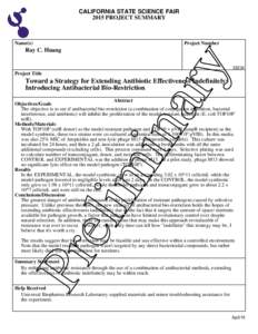 CALIFORNIA STATE SCIENCE FAIR 2015 PROJECT SUMMARY Name(s)  Project Number