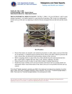 Fatality #9 - May 3, 2006 Powered Haulage - Utah - Sand & Gravel Hales Sand & Gravel Inc.- Hales Sand & Gravel METAL/NONMETAL MINE FATALITY - On May 3, 2006, a 19-year-old laborer, with 4 weeks mining experience, was fat