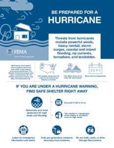 BE PREPARED FOR A  HURRICANE Threats from hurricanes include powerful winds, heavy rainfall, storm