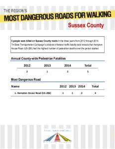 Sussex County 5 people were killed on Sussex County roads in the three years from 2012 throughTri-State Transportation Campaign’s analysis of federal traffic fatality data reveals that Hampton House Road (US-206