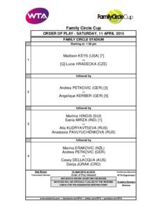 Family Circle Cup ORDER OF PLAY - SATURDAY, 11 APRIL 2015 FAMILY CIRCLE STADIUM Starting at: 1:00 pm  Madison KEYS (USA) [7]