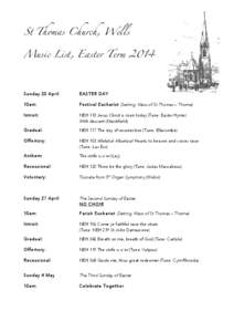 St Thomas Church, Wells Music List, Easter Term 2014