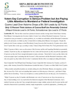 SIENA RESEARCH INSTITUTE SIENA COLLEGE, LOUDONVILLE, NY www.siena.edu/sri For Immediate Release: Contact: PDF version; crosstabs; website: