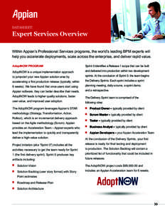 DATASHEET:  Expert Services Overview Within Appian’s Professional Services programs, the world’s leading BPM experts will help you accelerate deployments, scale across the enterprise, and deliver rapid value. AdoptNO