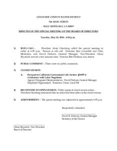 COASTSIDE COUNTY WATER DISTRICT 766 MAIN STREET HALF MOON BAY, CAMINUTES OF THE SPECIAL MEETING OF THE BOARD OF DIRECTORS Tuesday, May 10, :30 p.m.