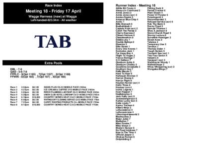 Race Index  Meeting 18 - Friday 17 April Wagga Harness (nsw) at Wagga Left-handed-823.34m - All weather