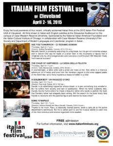 ITALIAN FILM FESTIVAL USA OF Cleveland  April 2- 16, 2015