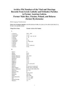 Archive File Numbers of the Vital and Marriage Records From Greek Catholic and Orthodox Parishes in Former Austrian Galicia, Former Malo Rus, Ukraine, Poland, and Belarus (former Byelorussia) [Polish Language Translitera