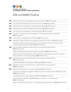 AIM and NIMAS Timeline 1931: 	 March 3: Pratt-Smoot Act enacted (reading materials to the adult blind). No AIM Involvement. 1952: 	 July 3: Word “adult” deleted from Pratt-Smoot Act (now for all ages). No AIM Involve