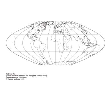 McBryde P3; (Fusion of Craster Parabolic and McBryde & Thomas No. 5); Pseudocylindrical; Equal-area; F. Webster McBryde; 1977  