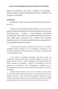 STATE OF THE ENVIRONMENT AND NATURAL RESOURCES IN THE PHILIPPINES (SPEECH TO BE DELIVERED BY RED SAMUEL R. PEÑAFIEL TO THE PHILIPPINES – AMERICAN ACADEMY OF SCIENCE AND ENGINEERING (PAASE) 33RD CONFERENCE, HELD AT LAO