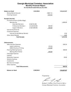 Georgia Municipal Cemetery Association Monthly Financial Report For the Month Ended February 28, 2015 Balance on Hand Money Market Account Checking Account