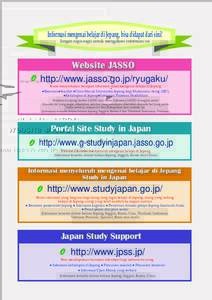 Informasi mengenai belajar di Jepang, bisa didapat dari sini! Jangan ragu-ragu untuk mengakses informasi ini Website JASSO http://www.jasso.go.jp/ryugaku/ Kami menyediakan beragam informasi dasar mengenai belajar di Jepa