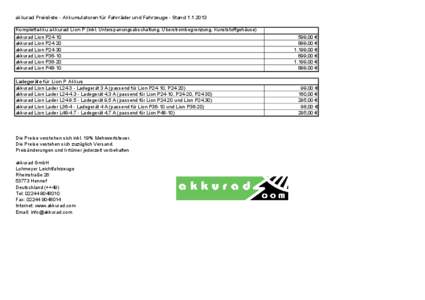 akkurad Preisliste - Akkumulatoren für Fahrräder und Fahrzeuge - Stand[removed]Komplettakku akkurad Lion P (inkl. Unterspanungsabschaltung, Überstrombegrenzung, Kunststoffgehäuse) akkurad Lion P24-10 akkurad Lion P2