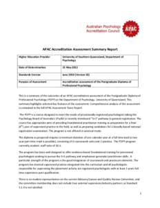 APAC Accreditation Assessment Summary Report Higher Education Provider University of Southern Queensland, Department of Psychology