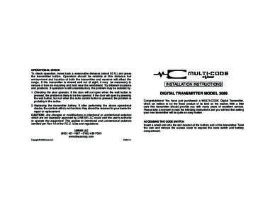 PRINTER’S INSTRUCTIONS: INSTR,INSTL,MC3089 ,1 CH,TX - LINEAR P/N: [removed]B - INK: BLACK - MATERIAL: 20 LB. MEAD BOND - SIZE: 9.000” X 3.500” - SCALE: 1-1 - SIDE 1 OF 2 OPERATIONAL CHECK  To check operation, move ba