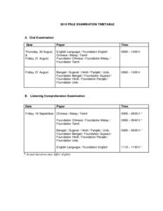 2015 PSLE EXAMINATION TIMETABLE  A. Oral Examination Date  Paper