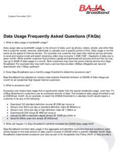 Updated November[removed]Data Usage Frequently Asked Questions (FAQs) 1. What is data usage or bandwidth usage? Data usage (aka as bandwidth usage) is the amount of data, such as photos, videos, emails, and other files tha