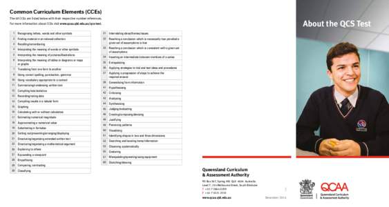 Common Curriculum Elements (CCEs) The 49 CCEs are listed below with their respective number references. About the QCS Test  For more information about CCEs visit www.qcaa.qld.edu.au/qcs-test.