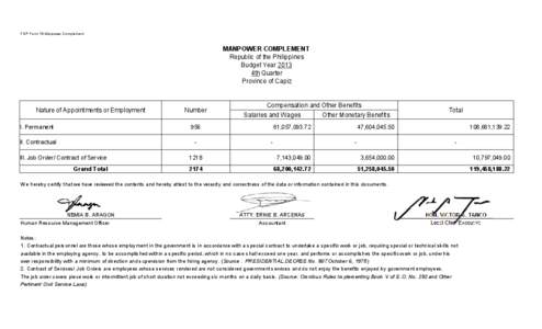 FDP Form 13-Manpower Complement  MANPOWER COMPLEMENT Republic of the Philippines Budget Year 2013 4th Quarter