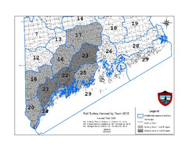 Maine’s 2010 Fall Wild Turkey Hunting Season The fall wild turkey hunting season included three zones defined by allowable weapon type for hunting. These were defined as Archery Zone 1 October 9 to October 23 includin