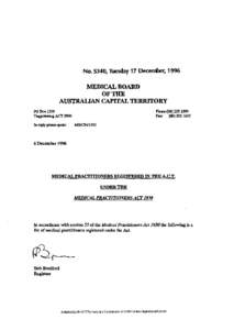 No. S340, Tuesday 17 December, 1996  MEDICAL BOARD OF THE AUSTRALIAN CAPITAL TERRITORY