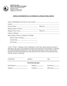 COUNTY OF LAKE HEALTH SERVICES DEPARTMENT Division of Environmental Health 922 Bevins Court Lakeport, CA[removed]Telephone[removed]