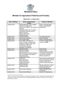 Ministerial Diary1 Minister for Agriculture Fisheries and Forestry 1 March 2014 – 31 March 2014 Date of Meeting 1 March 2014