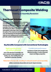 Thermoset Composite Welding Enabling an Assembly Revolution Break-through Technology Thermoset Composite Welding (TCW) is a patented, assembly method that eliminates fasteners and secondary bonding, and enables rapid, hi