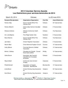 2014 Volunteer Service Awards Les Distinctions pour services bénévoles de 2014 March 25, 2014 Oshawa