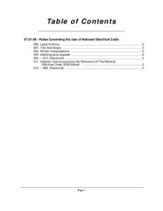 Ta b l e o f C o n t e n t s[removed]Rules Governing the Use of National Electrical Code 000. Legal Authority. ................................................................................................. [removed]T