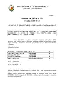 COMUNE DI MONTECALVO IN FOGLIA Provincia di Pesaro e Urbino COPIA  DELIBERAZIONE N. 40
